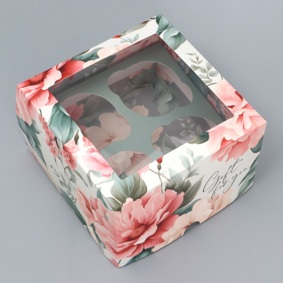 Коробка для 4 капкейков с двусторонним нанесением «Пионы» 16 х 16 х 10 см