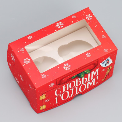 Коробка складная на 2 капкейка с окном «Новогодняя почта красная» 10 х 16 х 10 см