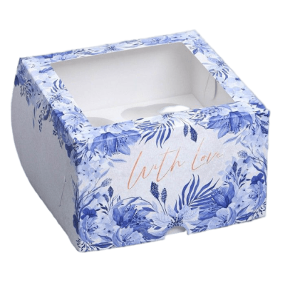 Коробка на 4 капкейка WITH LOVE синие цветы