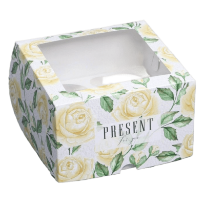 Коробка на 4 капкейка Present For You желтые цветы