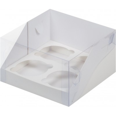 Коробка на 4 капкейка с пластиковой крышкой 16 х 16 х 10 см белая
