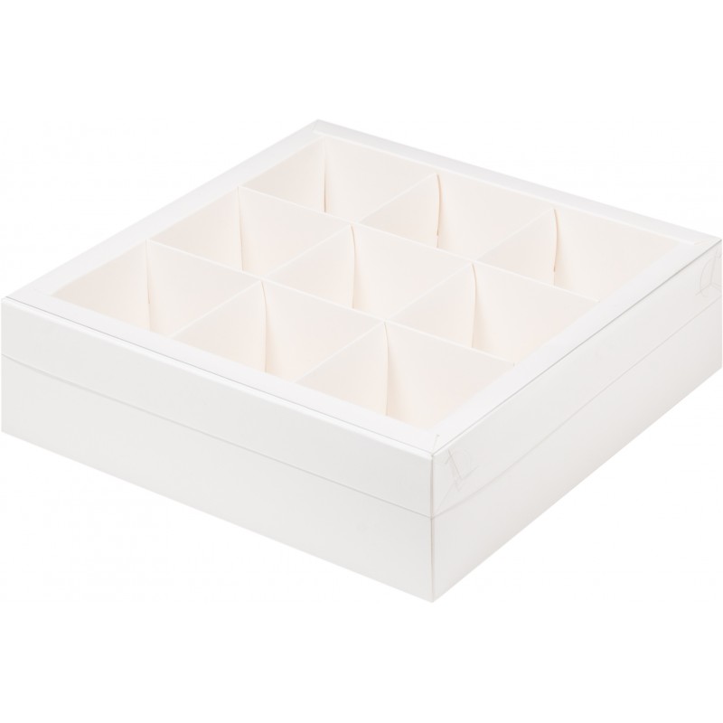 Коробка под ассорти десертов с пластиковой крышкой 24 х 24 х 7 см , 9 ячеек белая