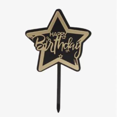 Топпер Happy Birthday черный с золотом звезда